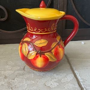 Nonni's Pitcher Cookie Jar Red Yellow Apples Canister Handpainted 10"